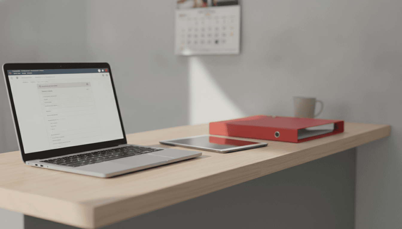 Portátil con un programa de facturación sobre el mostrador de madera de un pequeño negocio, junto a una tablet, una carpeta roja y una taza de café