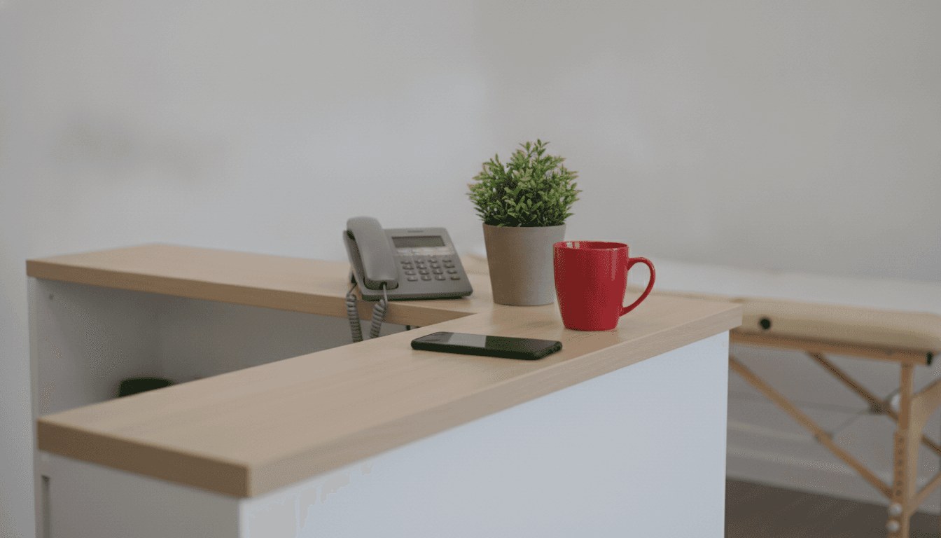 Mostrador de recepción de madera clara en una clínica de fisioterapia con un teléfono fijo, un smartphone, una planta pequeña y una taza roja, con una camilla desenfocada al fondo
