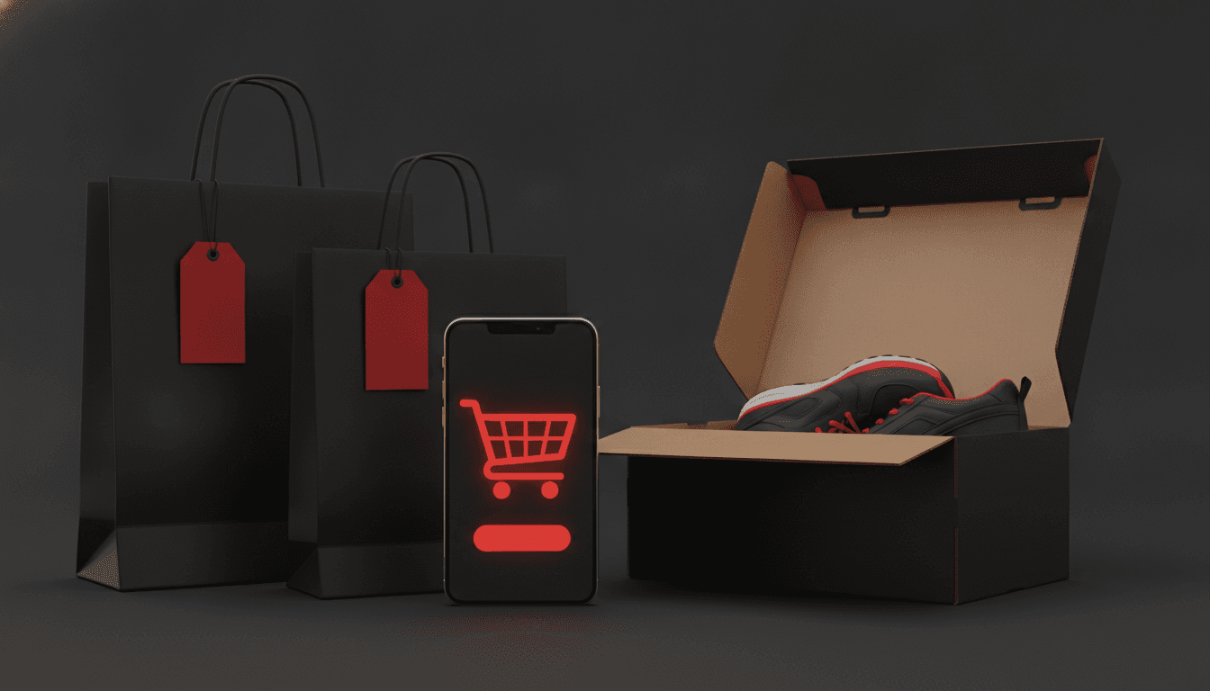 Bolsas de compra negras con etiquetas rojas en blanco, un móvil con un icono rojo de carrito de compra en la pantalla y una caja de envío abierta con unas zapatillas negras y rojas, sobre fondo oscuro.