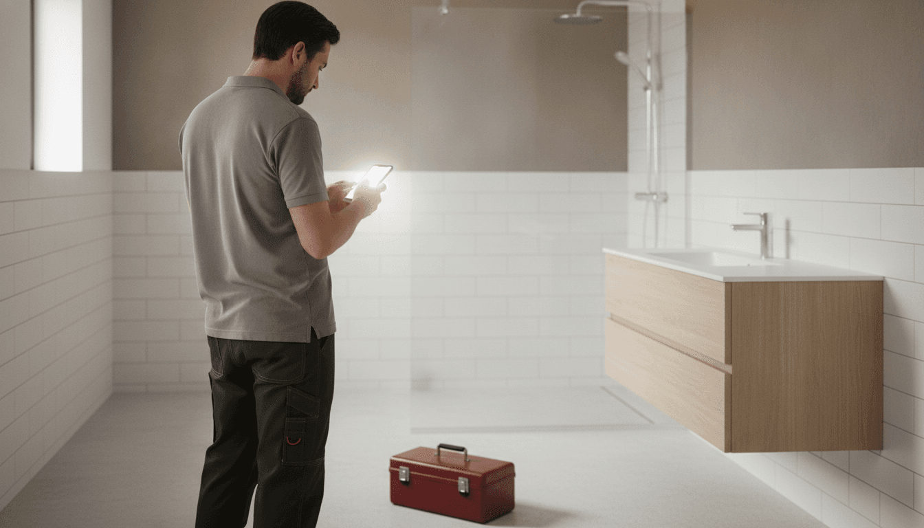 Profesional de reformas con polo gris mirando su móvil en un baño recién reformado con ducha de obra, junto a una caja de herramientas roja en el suelo