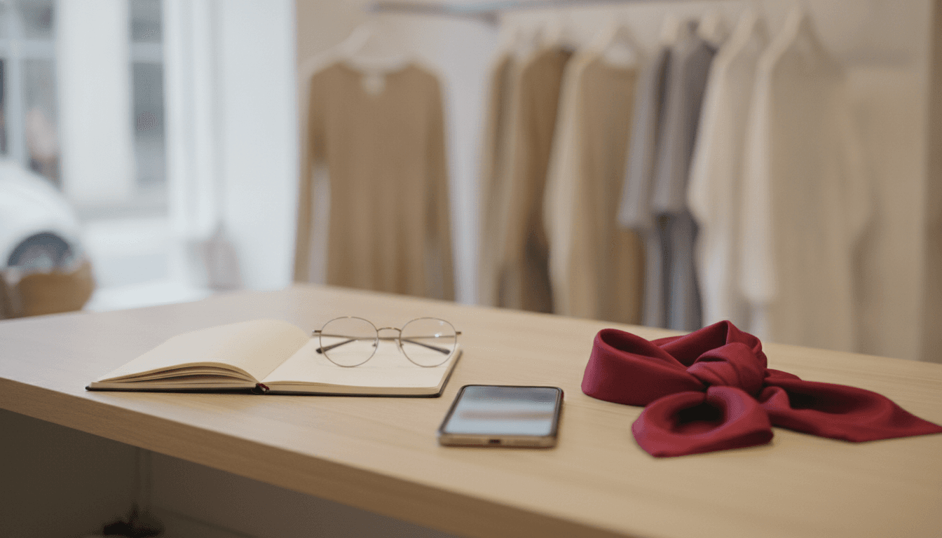 Smartphone sobre el mostrador de madera de una pequeña tienda de moda, junto a una libreta, unas gafas y un pañuelo rojo, con ropa desenfocada al fondo